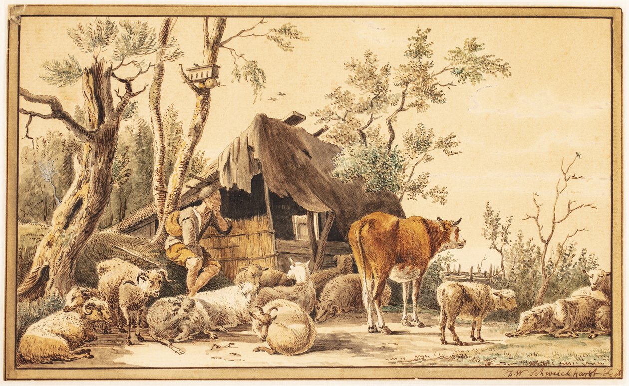 Pastýř se svým stádem u kůlny od Hendrik Willem Schweickhardt