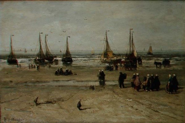 Pobřežní krajina s rybářskými plavidly a rybáři od Hendrik William Mesdag