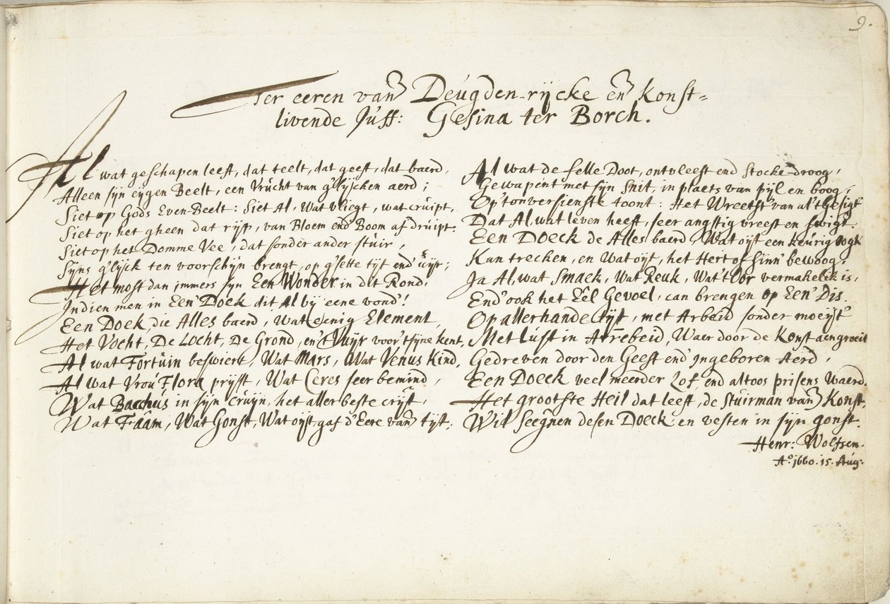 Hymnus na počest Gesina ter Borch Na počest den Deugden-rijcke a den Konstlivende Juff: Gesina ter Borch (titul na objektu) od Hendrik Wolfsen (signed by artist)