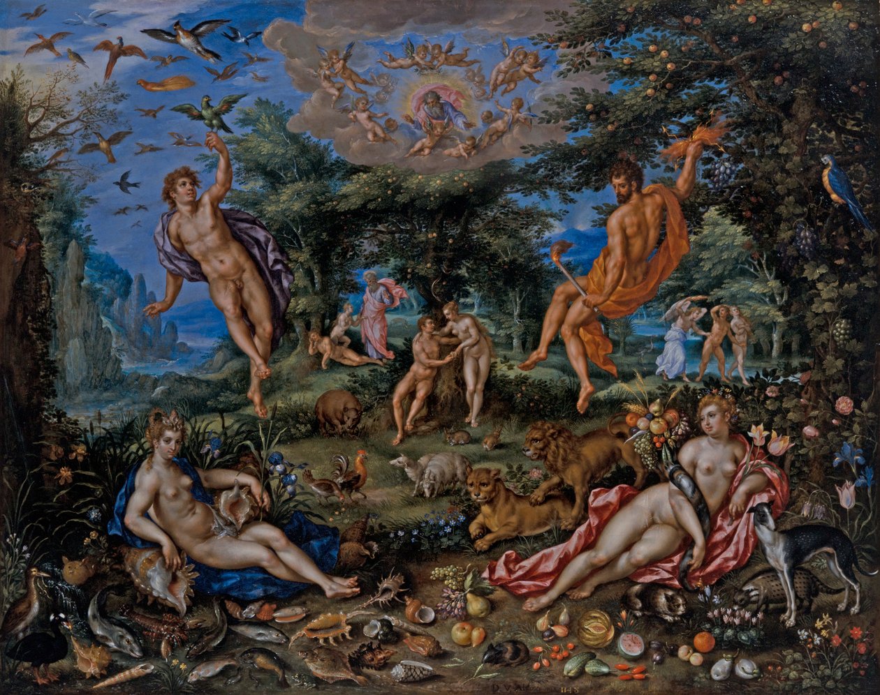 Čtyři živly, se scénami z Genesis dále od Hendrik de & Alsloot Denis van (c.1573 1625/26) Clerck
