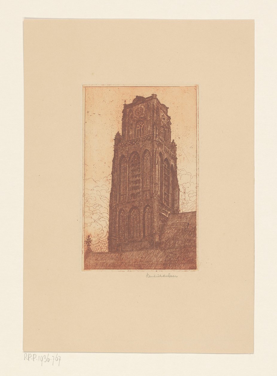 Studie kostelní věže od Hendrik de Boer (signed by artist)