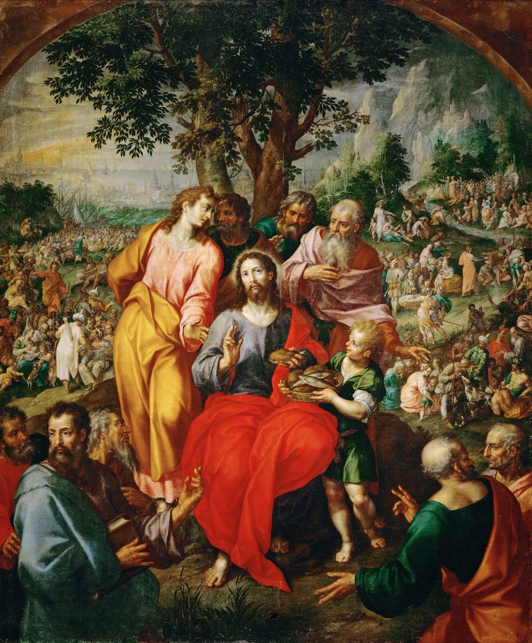 Zázrak pěti chlebů a dvou ryb (Rozmnožení chlebů) - Zázrak pěti chlebů a dvou ryb, Clerck, Hendrick, de (ca. 1560-1630). Olej na plátně, cca 1590. Rozměr: 203x167 cm. Uměleckohistorické muzeum, Vídeň od Hendrik de Clerck