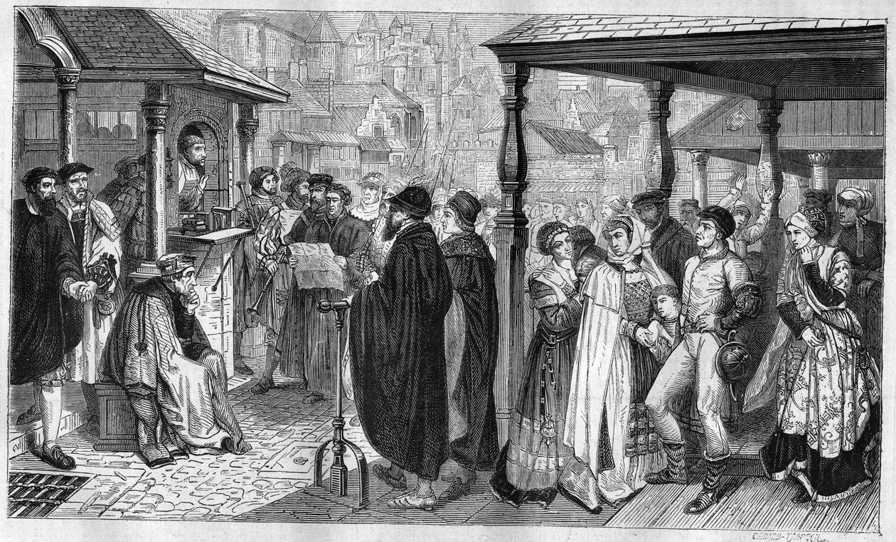 Zveřejnění úprav Karla V. v Antverpách: v roce 1550 zákon stanoví, že každý, kdo je přesvědčen o kacířství, bude bruleem nebo pohřben zaživa, nebo bez hlavy. Rytina z let 1866-1867 podle obrazu barona Henriho Leyse (1815-1869). od Hendrik or Henri Leys