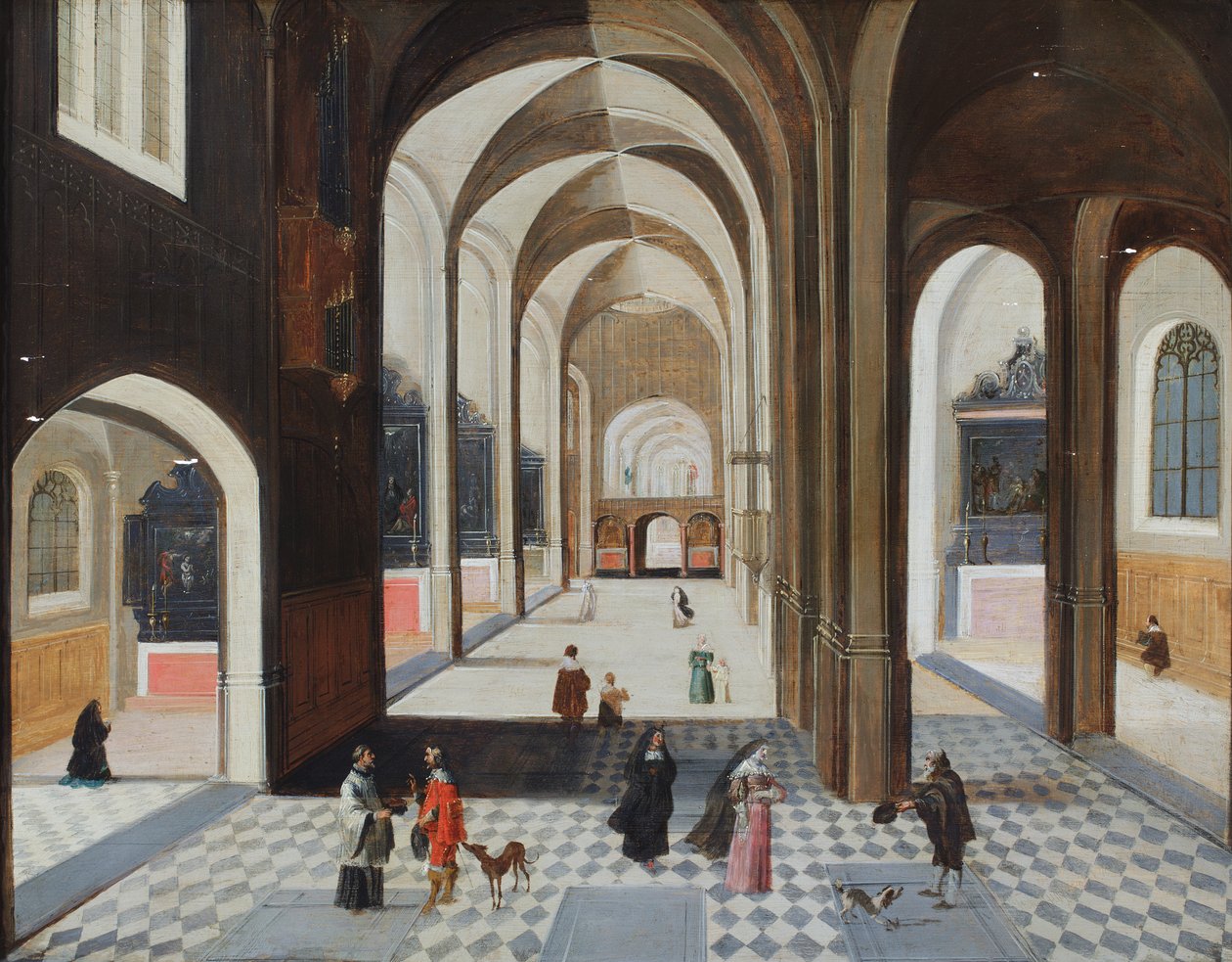 Interiér kostela s postavami včetně muže v červeném, který hovoří s klerikem (olej na plátně) od Hendrik the Younger (follower of) Steenwyck
