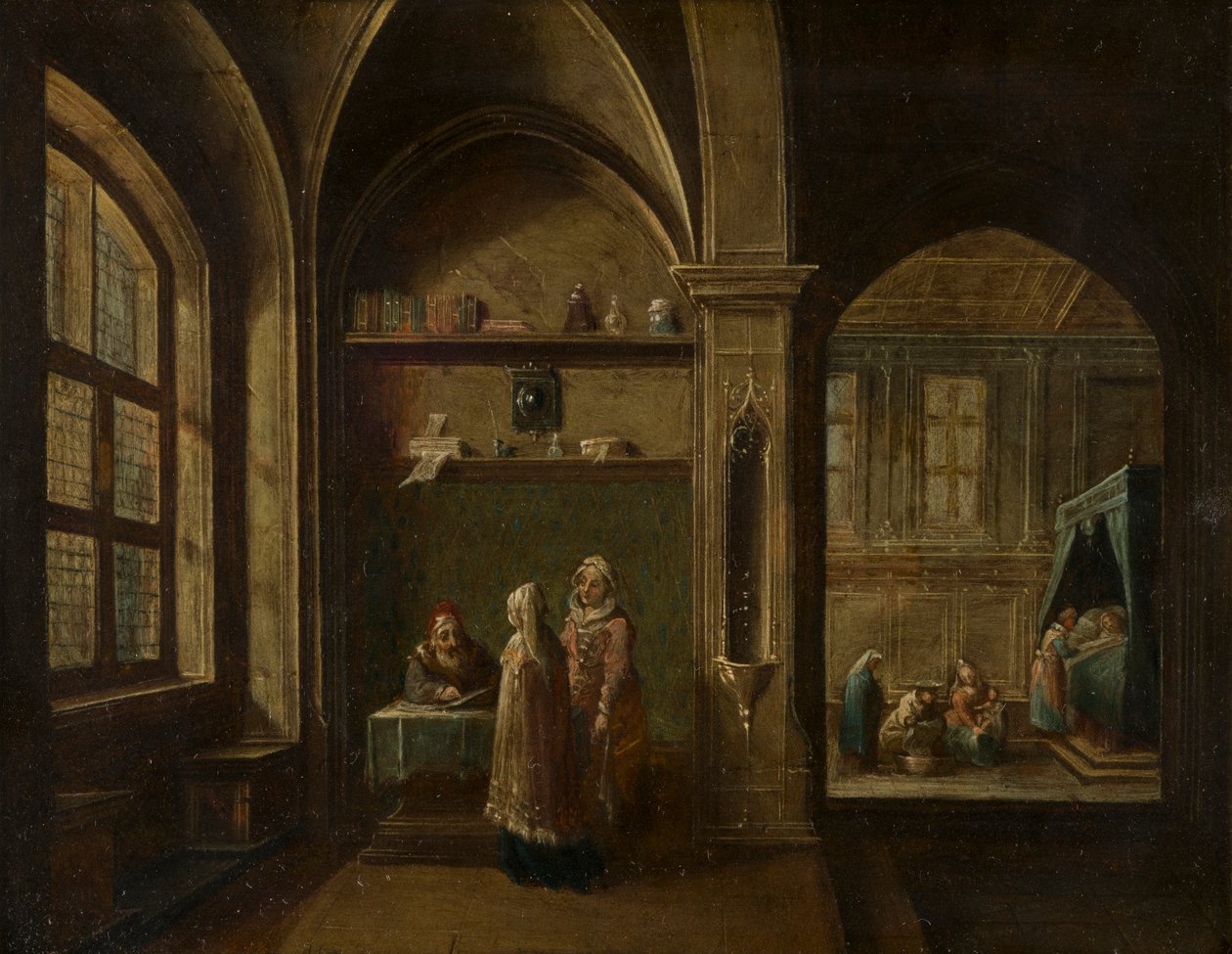 Renesanční interiér s postavami: Narození svatého Jana, kolem 1600-49 (olej na mědi) od Hendrik the Younger Steenwyck