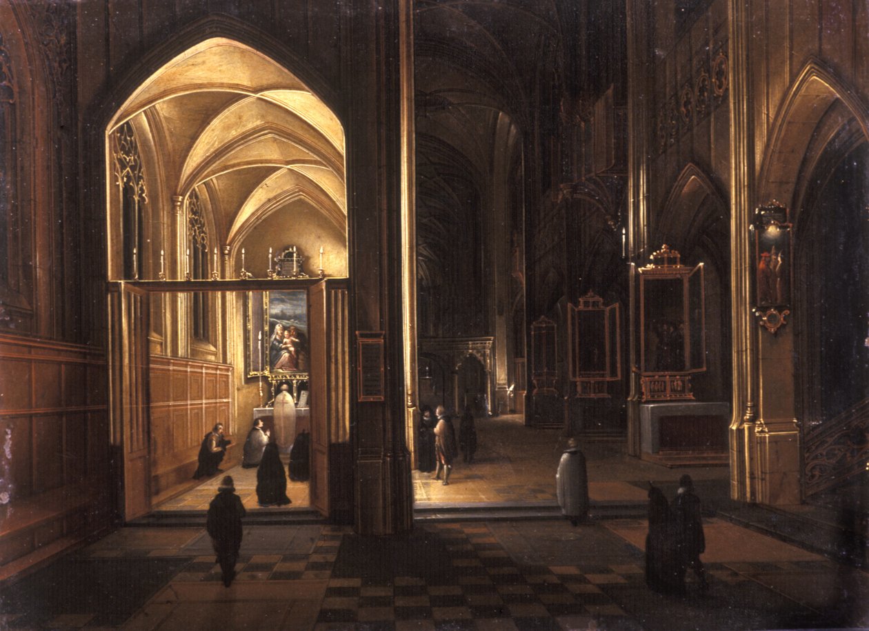 Interiér gotického kostela (olej na mědi) od Hendrik the Younger Steenwyck