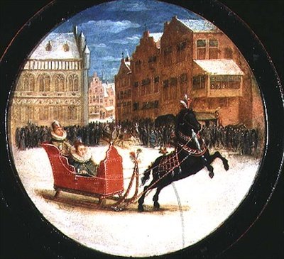 Zimní krajina s postavami na saních tažených koňmi (olej na mědi) od Hendrik the Younger Steenwyck