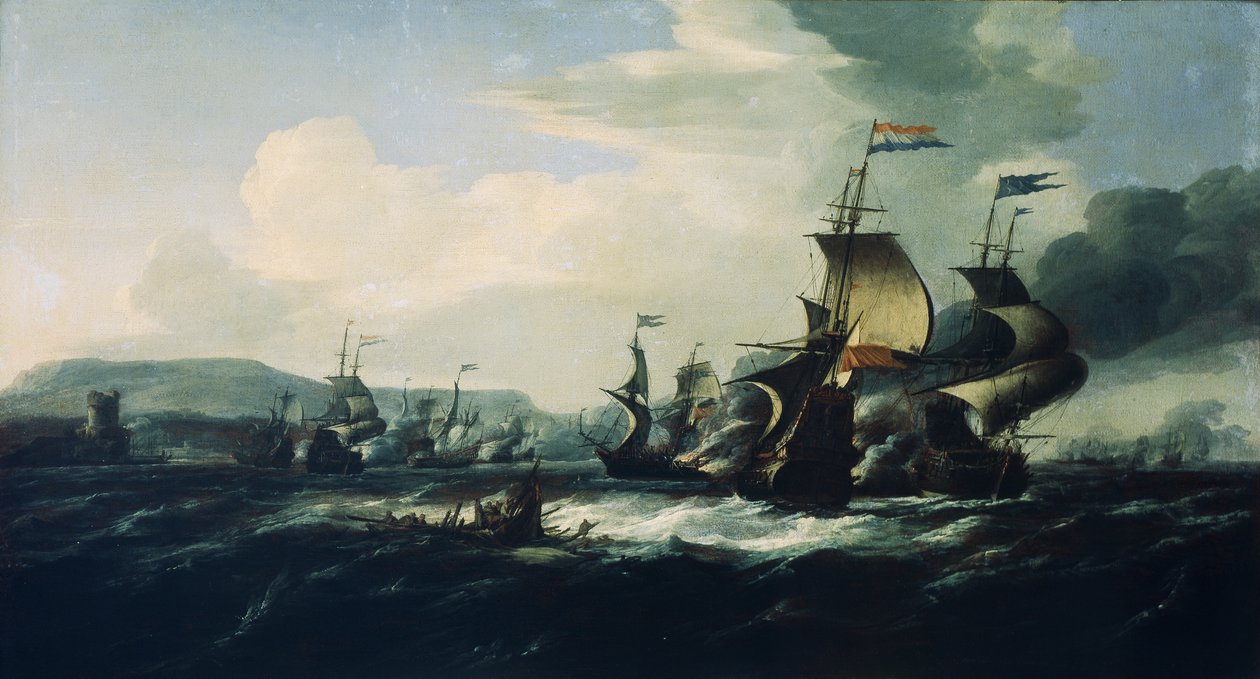 Bitva mezi nizozemskými a barbarskými piráty u pobřeží, konec 17. století (olejomalba) od Hendrik van Minderhout