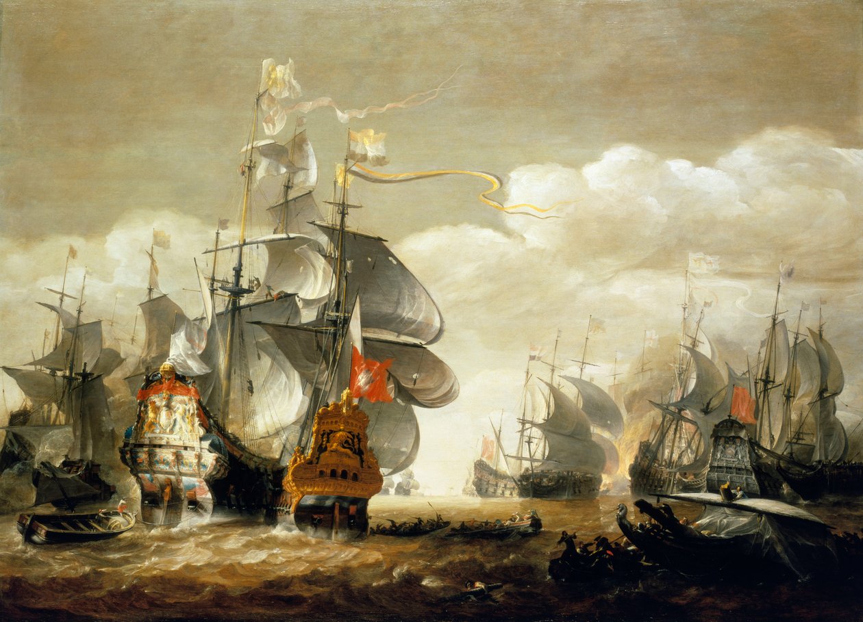 Bitva u Lowestoftu, 3. června 1665, zobrazující HMS "Royal Charles" a "Eendracht", polovina 17. století (olej na dřevě) od Hendrik van Minderhout