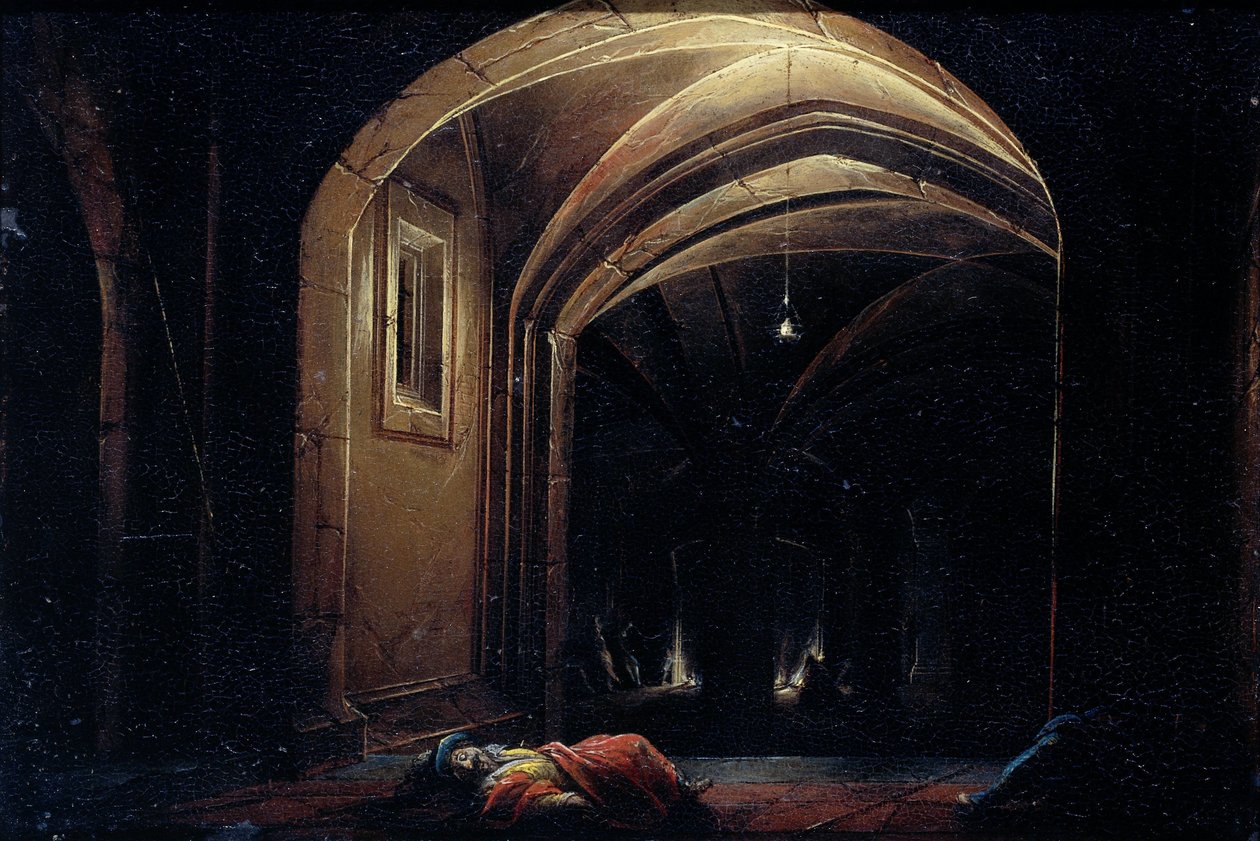 Muži spí v místnosti s osvětlenými oblouky od Hendrik van Steenwijck (I) (possibly)