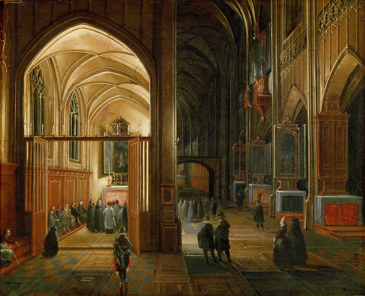 Le service du soir dans une eglise gothique - Večerní bohoslužba v gotickém kostele - Hendrick van Steenwyck, starší (asi 1550-1603). Olej na mědi, ca. 1600. Rozměr : 20,8x26,3 cm. Uměleckohistorické muzeum, Vienne od Hendrik van Steenwyck