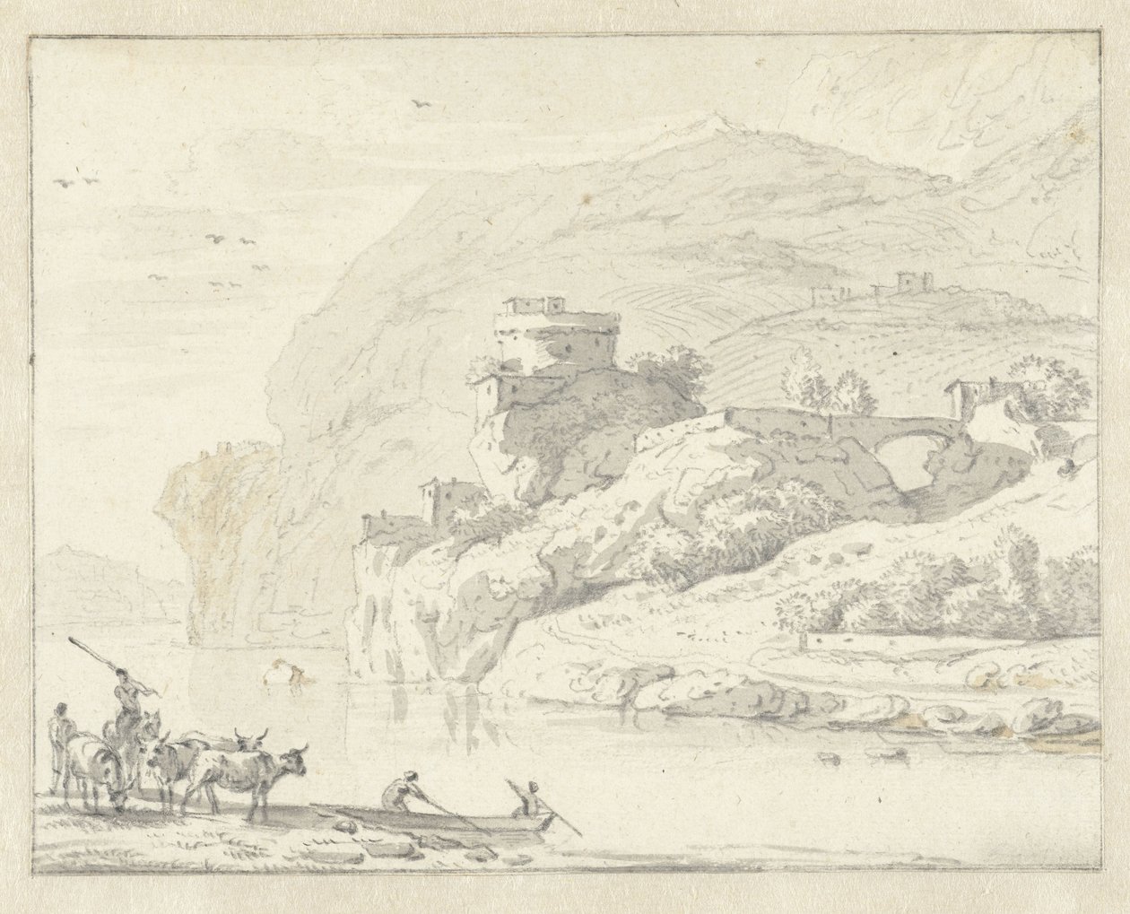 Italská horská krajina s pastevci a dobytkem a dvěma postavami ve člunu překračujícím řeku od Hendrik van der Straaten (attributed to)
