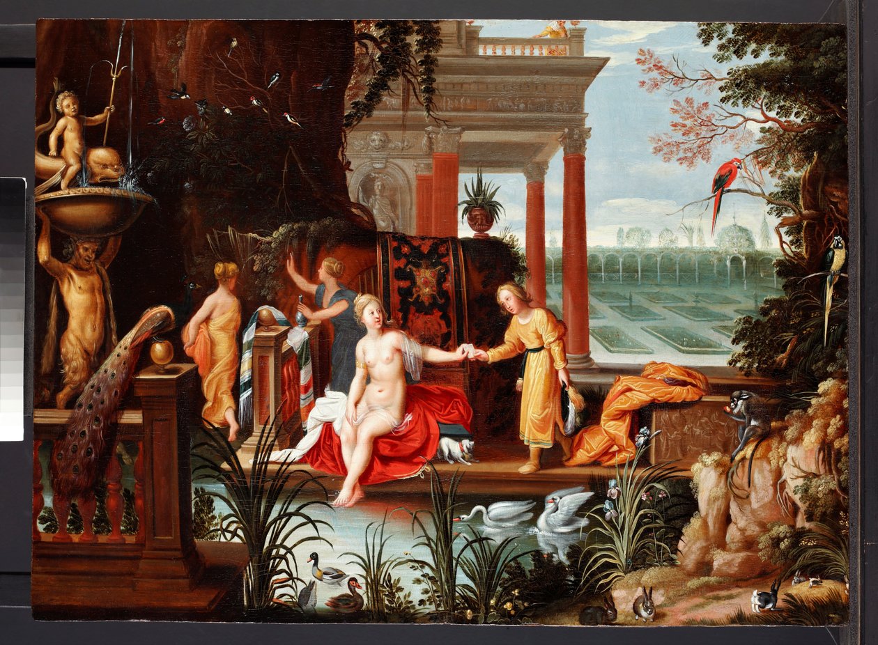 Bathsheba u bazénu se svými průvodci, cca 1600-42 (olej na panelu) od Hendrik van the Elder (circle of) Balen