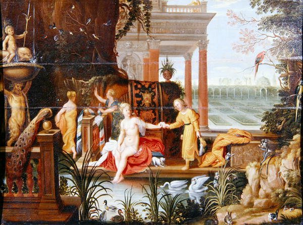 Bathsheba u bazénu se svými průvodci (olej na panelu) od Hendrik van the Elder Balen