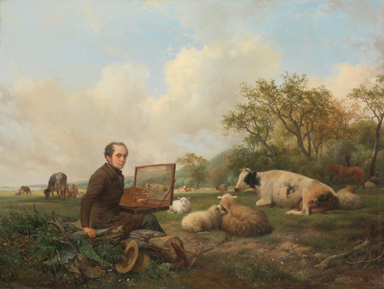 Umělec maluje krávu na louce od Hendrikus van de Sande Bakhuyzen (signed by artist)