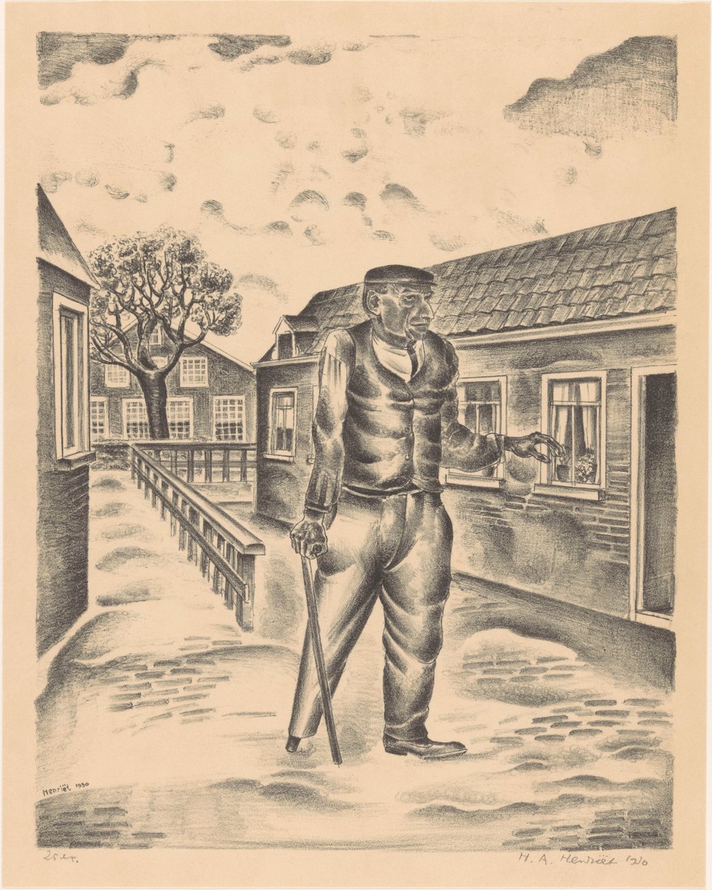 Muž s dřevěnou nohou a vycházkovou holí od Henk Henriët (signed by artist)