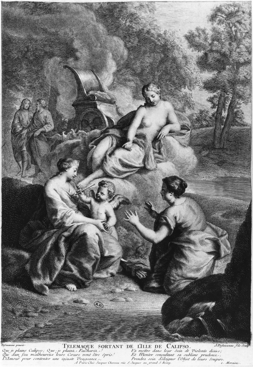 Telemachus opouštějící ostrov Calypso, ilustrace z „Dobrodružství Telemacha“ od Francoise de Salignac de la Mothe Fenelon (1651-1715), rytý Jacques de Favanne (1716-1770) od Henri Antoine de Favanne