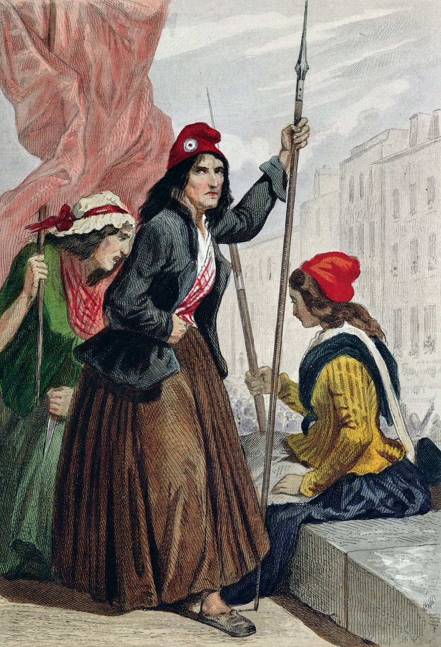 Trikoty z gilotiny na schodech kostela Saint-Roch, 16. října 1793 (barevná rytina) od Henri Baron