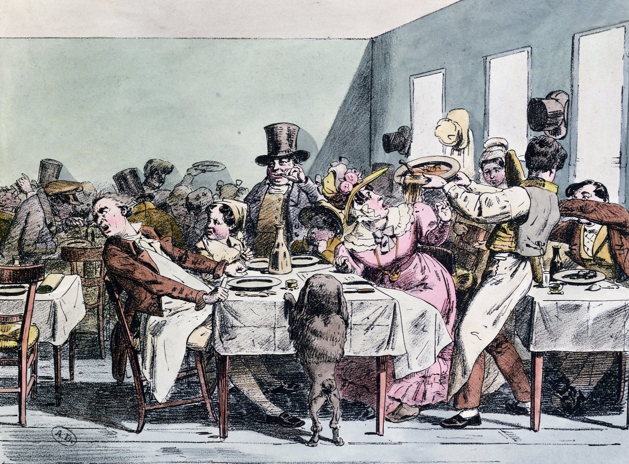 Rozkošný zážitek rodiny v přeplněné restauraci, cca 1860 od Henri Bonaventure Monnier