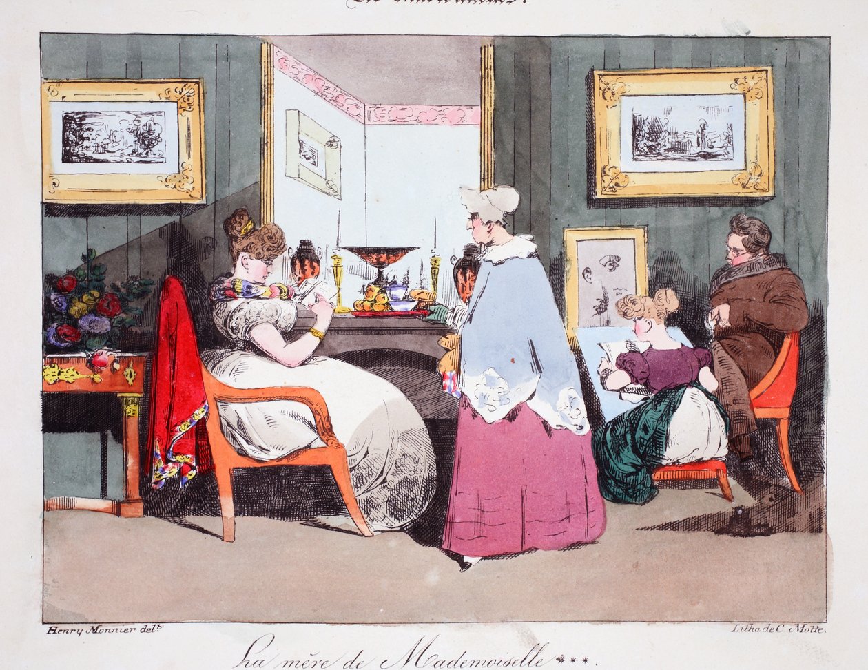 La mère de Mademoiselle, ilustrace z knihy "Les Marionnettes" od Henriho Monniera, litografie Delpech, vyd. Paříž, asi 1828 (ručně kolorovaná litografie). od Henri Bonaventure Monnier