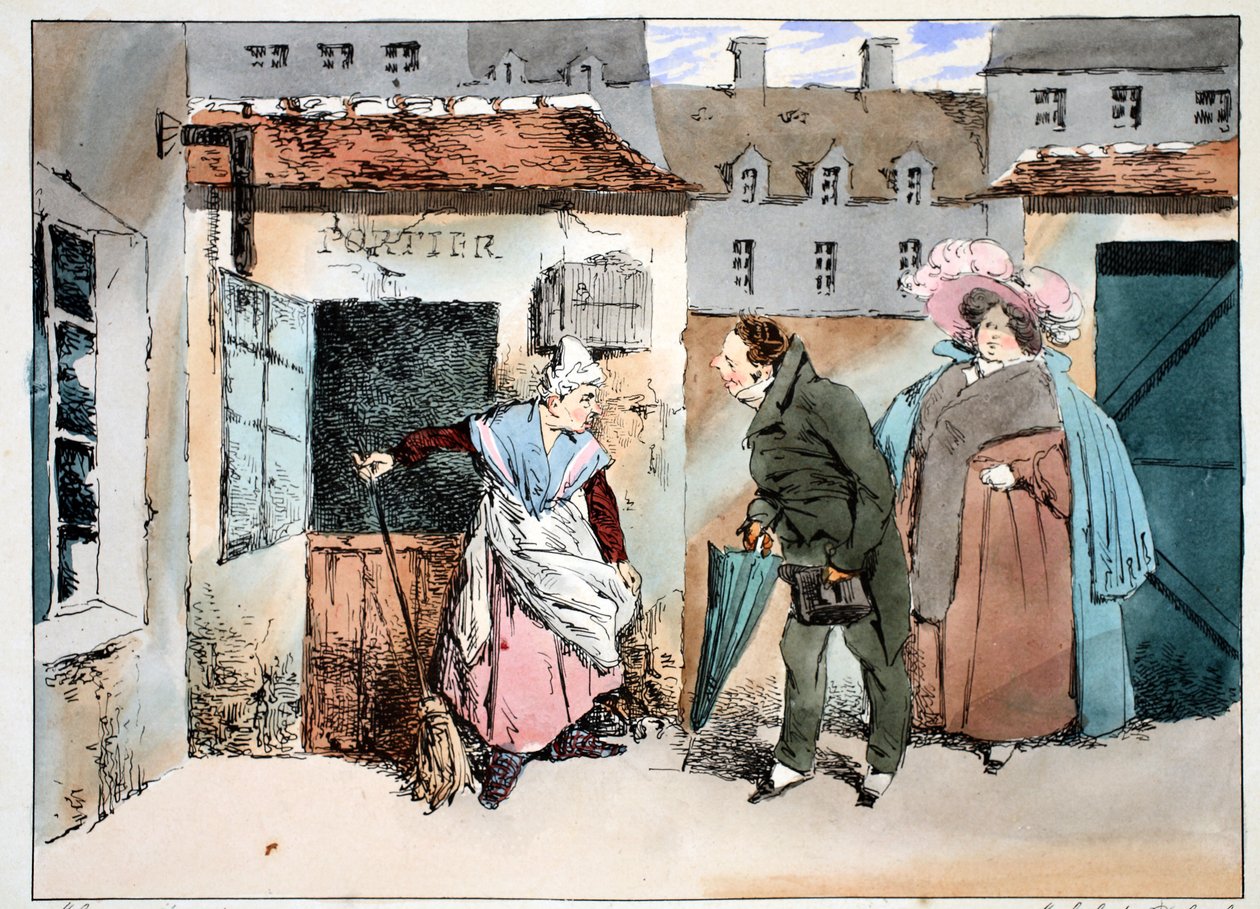 Prodavač a portýr, asi 1828 (ručně kolorovaná litografie) od Henri Bonaventure Monnier