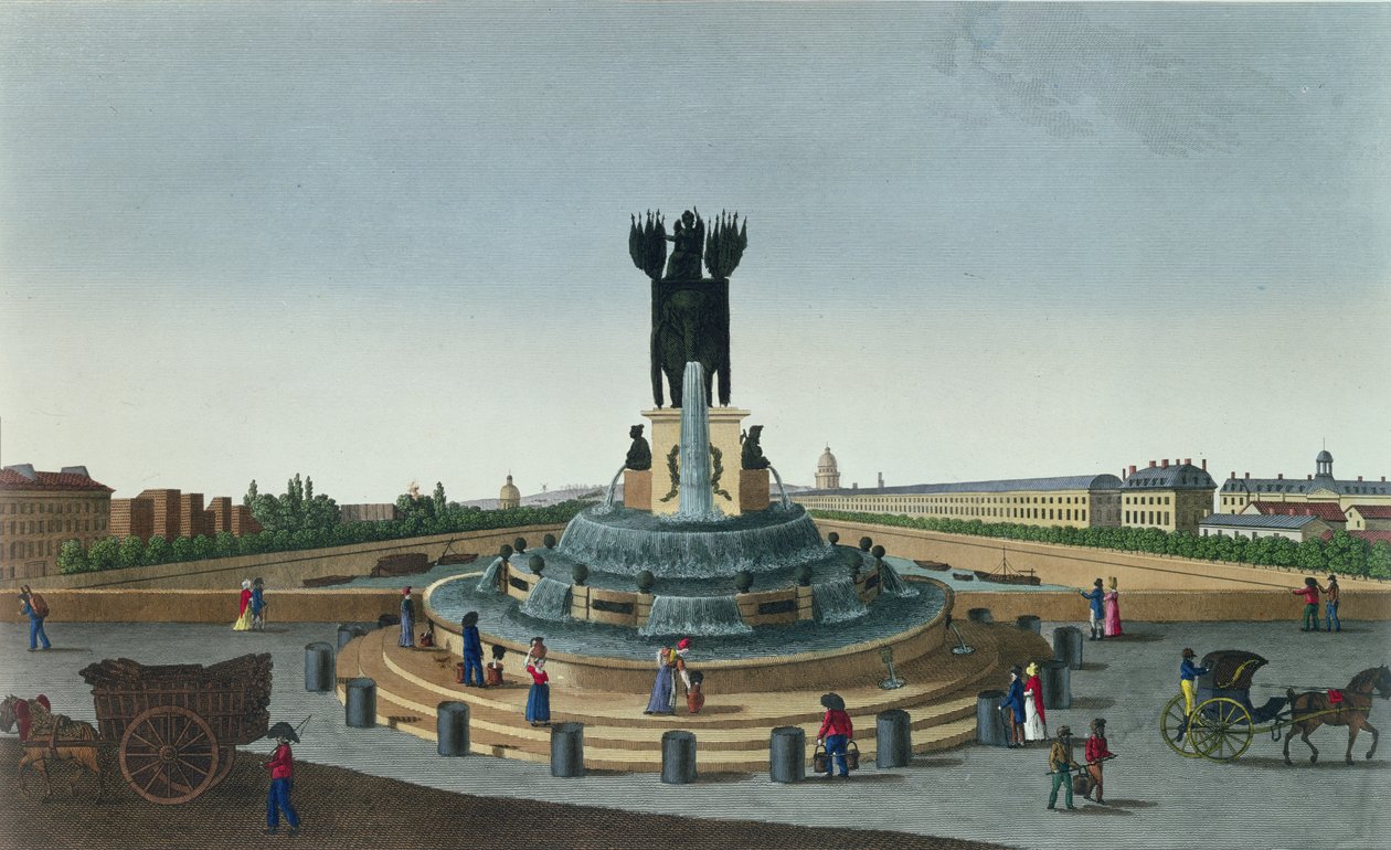 Sloní fontána na Place de la Bastille, cca 1815-20 (barevná rytina) od Henri Courvoisier Voisin