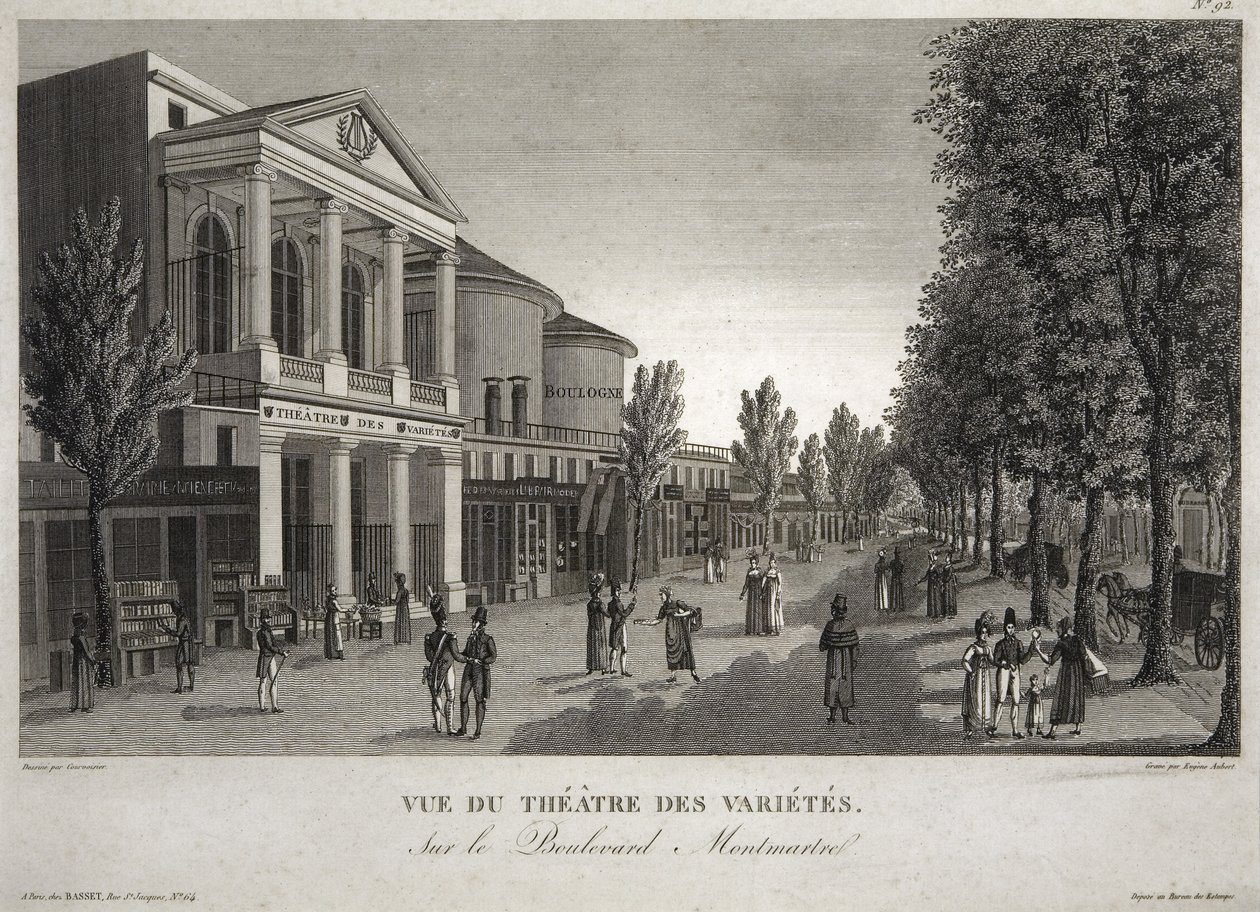 Theatre des Varietes, Boulevard Montmartre, Paříž, vyryl Eugene Aubert (1789-1847), asi 1810 od Henri Courvoisier Voisin