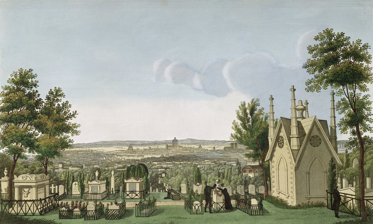 Pohled na hřbitov Pere-Lachaise z gotické kaple, vyrytý Guiguet od Henri Courvoisier Voisin