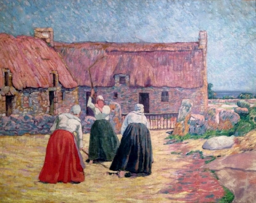 Scene de mlátit nebo francouzsky: Farmyard in Benarven od Henri Delavallee