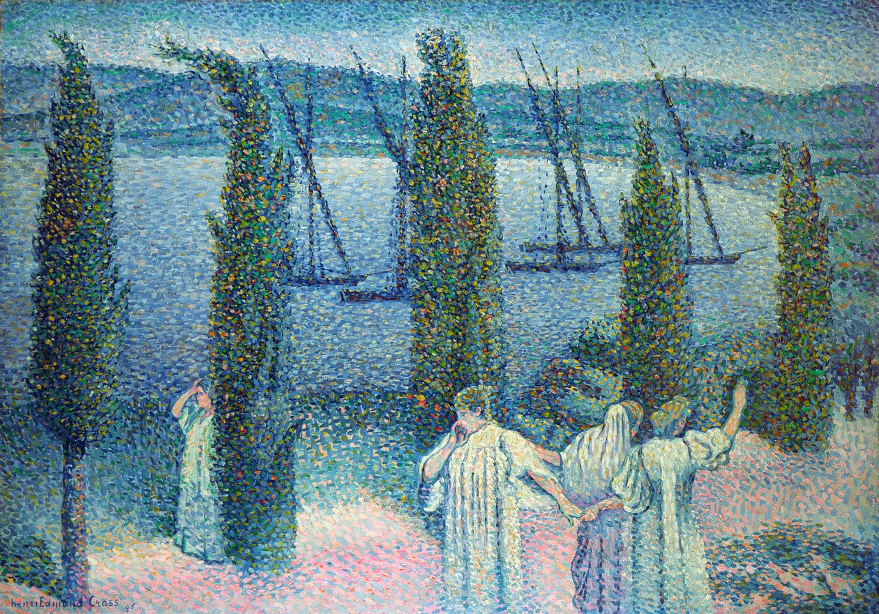 Pohled na pobřeží s cypřiši, 1896 od Henri Edmond Cross