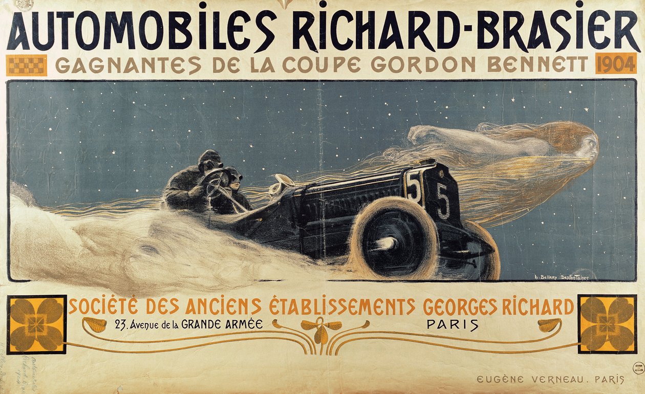 Plakát zobrazující vítězství automobilů Richard-Brasier v Poháru Gordona Bennetta, 1904 od Henri Jules Ferdinand Bellery Defonaines