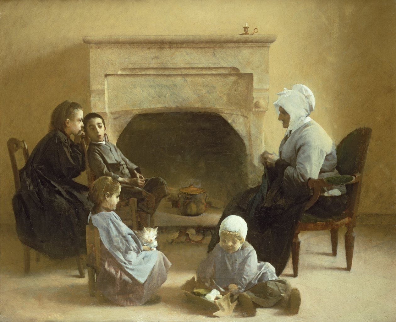 Rodina sedící kolem krbu od Henri Jules Jean Geoffroy