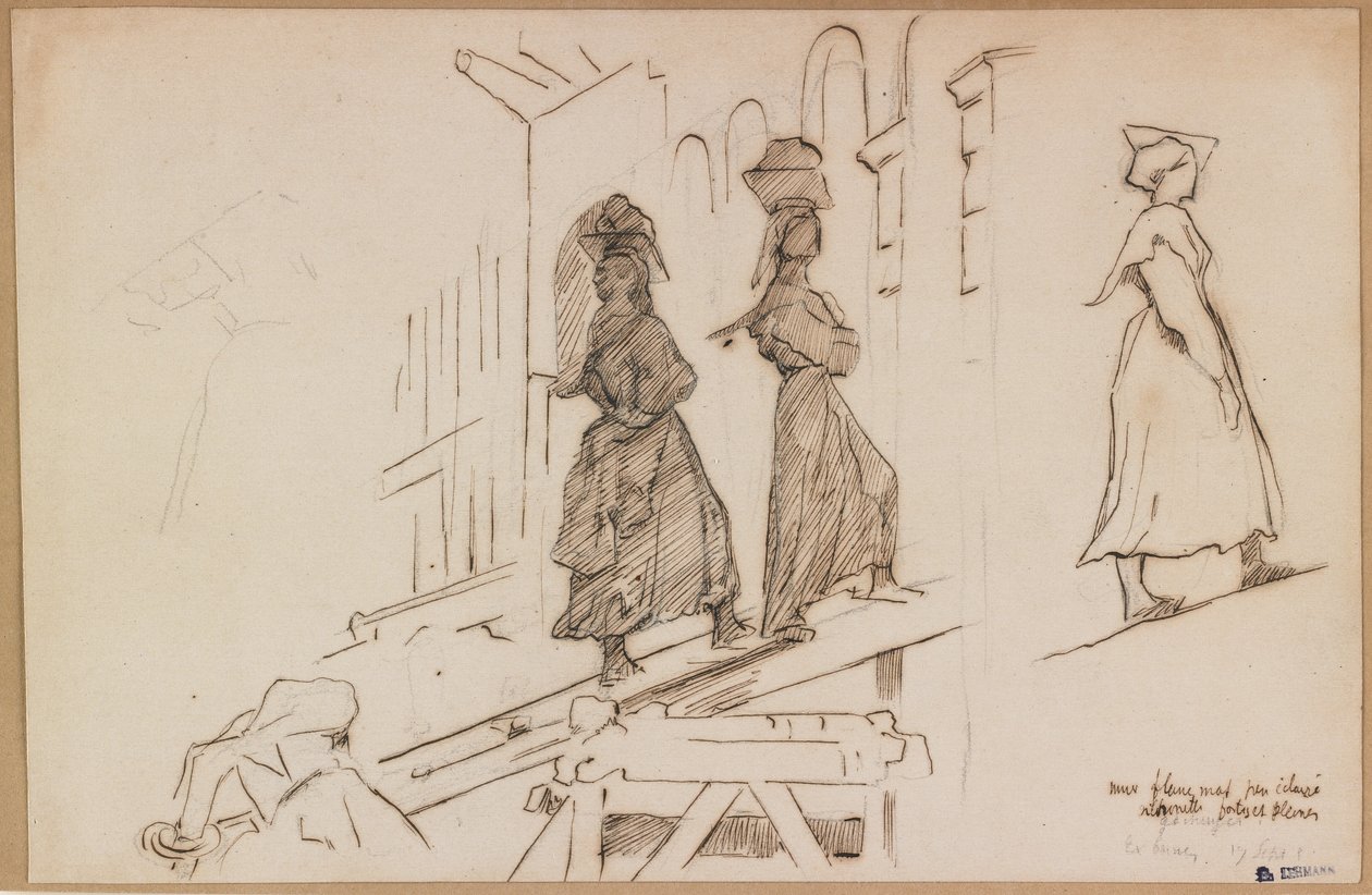 Women Carrying Mortar (pero a hnědý inkoust a mytí přes grafit) od Henri Lehmann