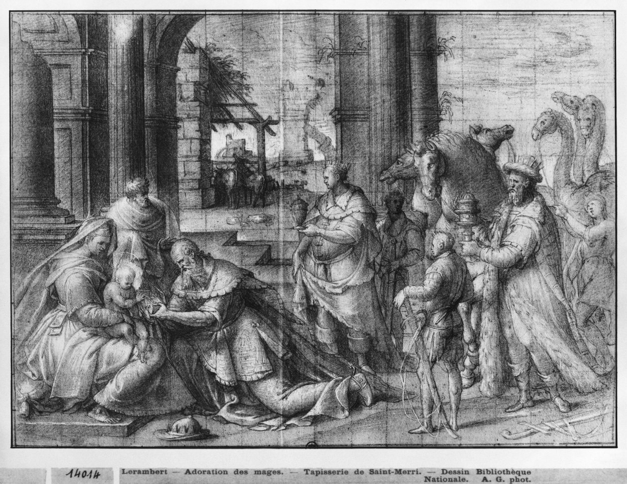 Život Krista, Klanění tří králů, přípravná studie kresleného gobelínového filmu pro kostel Saint-Merri v Paříži, kolem 1585-90 (pierre noire und wash a bílé zvýraznění na papíře) od Henri Lerambert