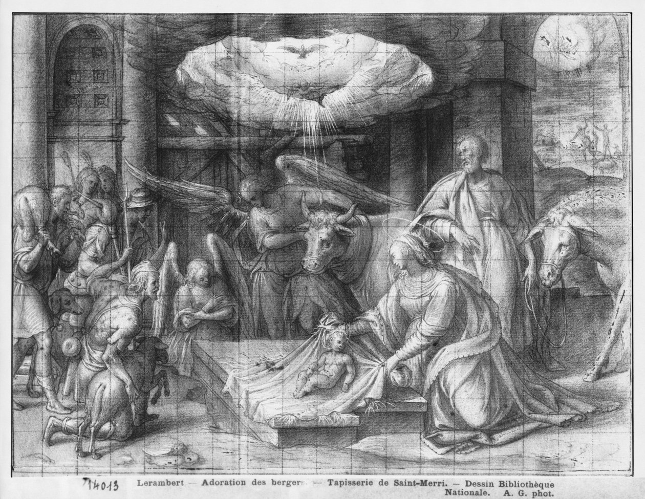 Život Krista, Klanění pastýřů, přípravné studium kresleného gobelínového filmu pro kostel Saint-Merri v Paříži, kolem 1585-90 (pierre noire und wash a bílé zvýraznění na papíře) od Henri Lerambert