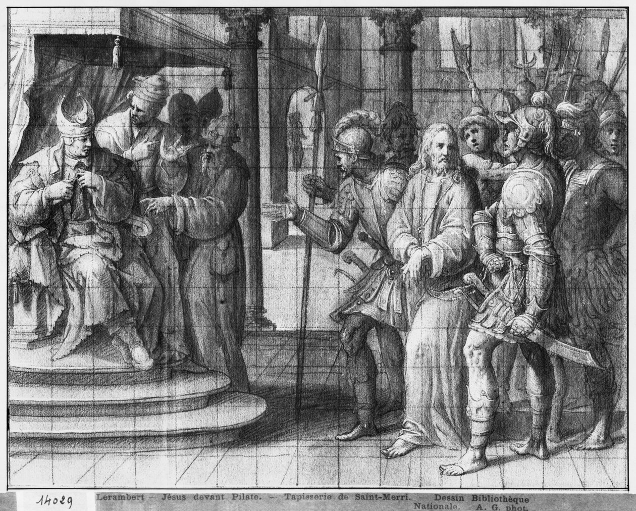 Život Krista, Kristus před Pilátem Pontským, přípravná studie kreslené tapisérie pro kostel Saint-Merri v Paříži, kolem 1585-90 (pierre noire und wash a bílé zvýraznění na papíře) od Henri Lerambert