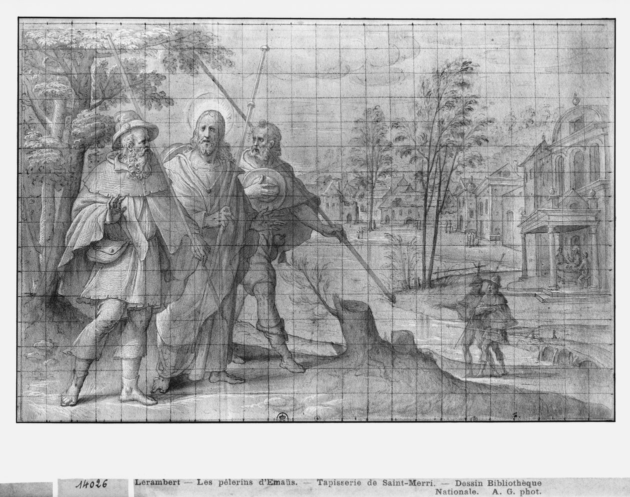 Život Krista, Kristus na cestě do Emauz, přípravná studie kreslené tapisérie pro kostel Saint-Merri v Paříži, kolem 1585-90 (pierre noire und wash a bílé zvýraznění na papíře) od Henri Lerambert
