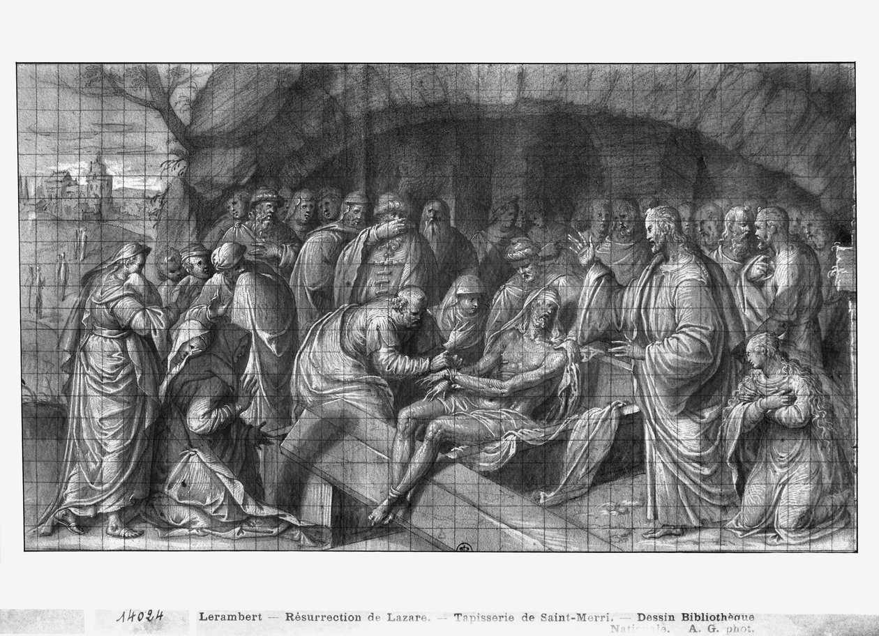 Život Kristův, Kristus křísí Lazara z mrtvých, přípravná studie tapiserie pro kostel Saint-Merri v Paříži, asi 1585-90 (pierre noire, wash a bílé melíry na papíře) od Henri Lerambert