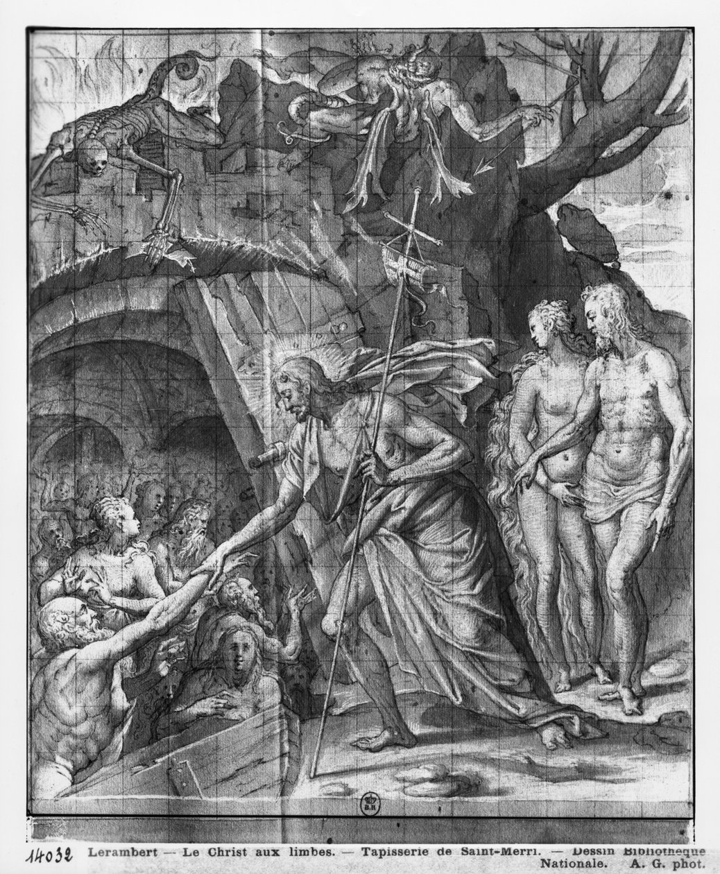 Život Kristův, Sestup Krista do Limbu, přípravná studie tapiserie pro kostel Saint-Merri v Paříži, asi 1585-90 (pierre noire, wash a bílé melíry na papíře) od Henri Lerambert