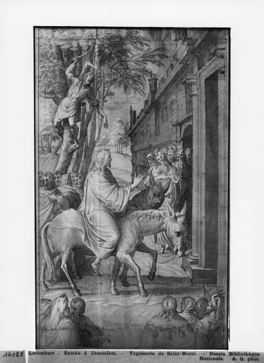 Život Krista, Vjezd Krista do Jeruzaléma, přípravné studium kresleného gobelínového filmu pro kostel Saint-Merri v Paříži, kolem 1585-90 (pierre noire und wash a bílé zvýraznění na papíře) od Henri Lerambert