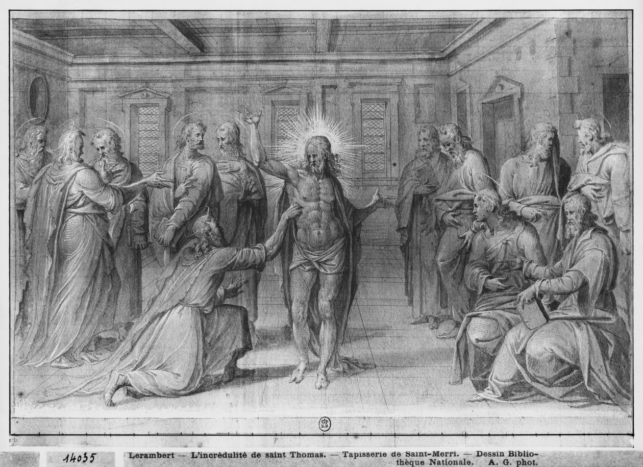 Život Kristův, Nevěra sv. Tomáše, přípravná studie kresleného gobelínu pro kostel Saint-Merri v Paříži, kolem 1585-90 (pierre noire und wash a bílé melír na papíře) od Henri Lerambert