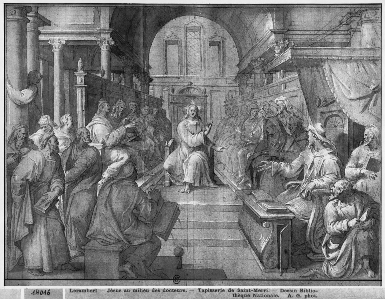 Život Kristův, Ježíš mezi lékaři, přípravná studie tapiserie pro kostel Saint-Merri v Paříži, asi 1585-90 (pierre noire, wash a bílé melíry na papíře) od Henri Lerambert