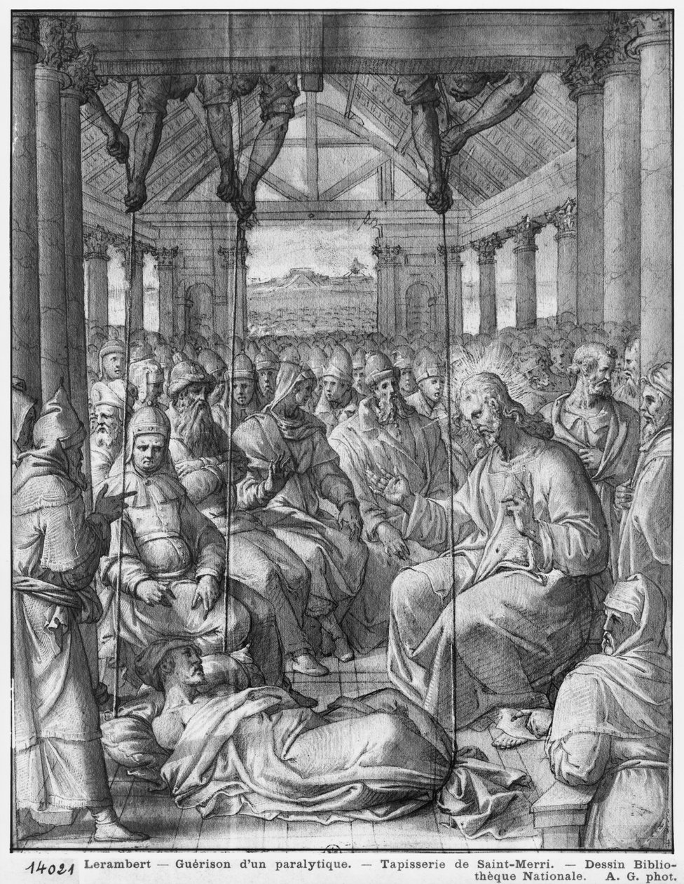 Život Krista, Ježíš uzdravuje ochrnutého v Kafarnaum, přípravné studium kreslené tapisérie pro kostel Saint-Merri v Paříži, kolem 1585-90 (pierre noire und wash a bílé zvýraznění na papíře) od Henri Lerambert
