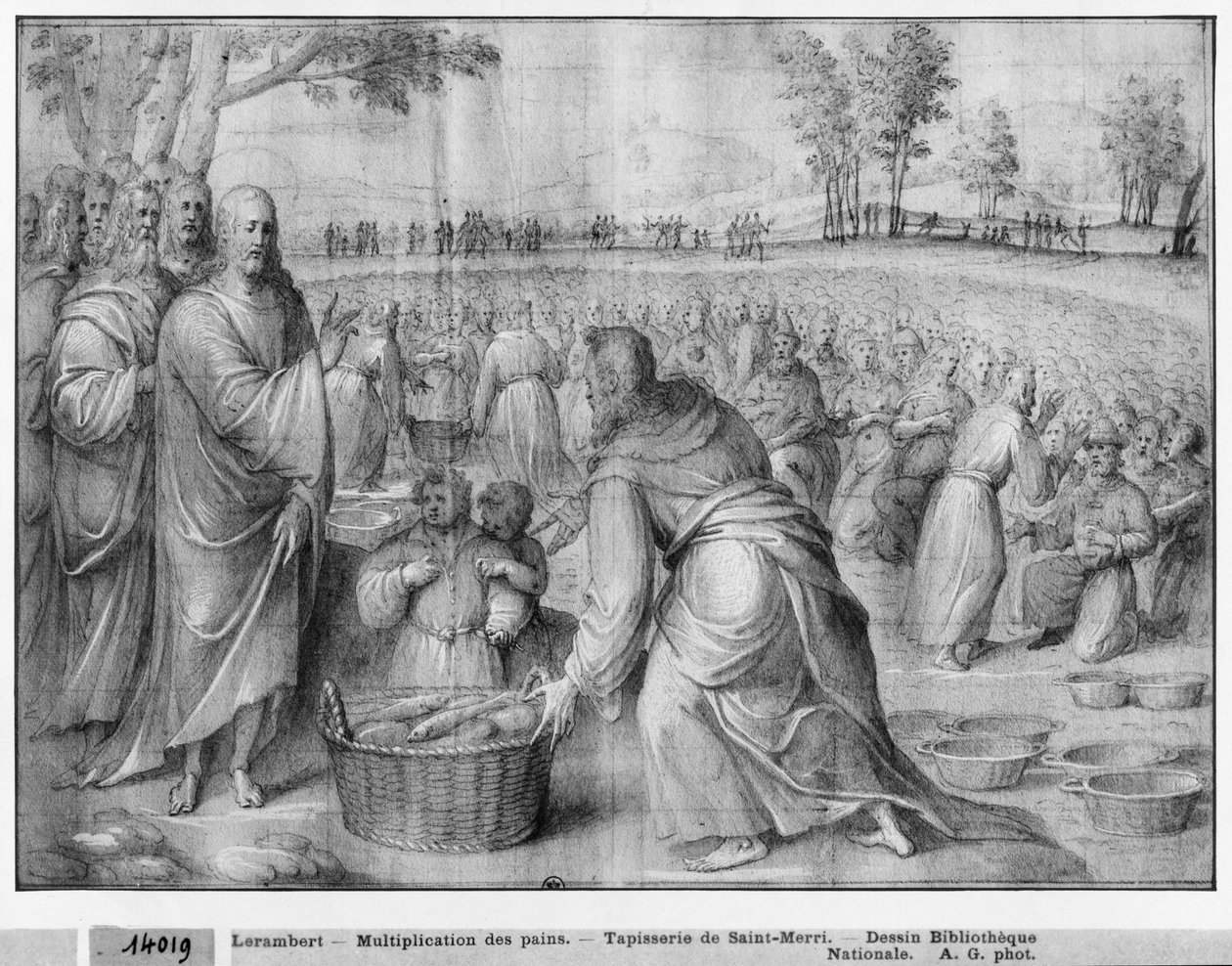 Život Kristův, Rozmnožování chlebů a ryb, přípravná studie kreslené tapisérie pro kostel Saint-Merri v Paříži, kolem 1585-90 (pierre noire und wash a bílé zvýraznění na papíře) od Henri Lerambert