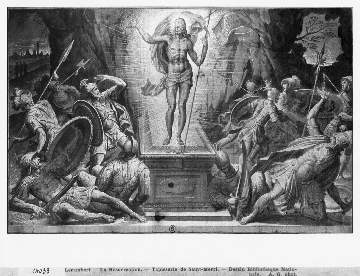 Život Krista, Vzkříšení Krista, přípravné studium kresleného gobelínového filmu pro kostel Saint-Merri v Paříži, kolem 1585-90 (pierre noire und wash a bílé zvýraznění na papíře) od Henri Lerambert