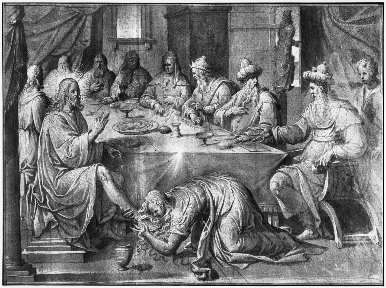Život Krista, jídlo v domě Šimona Farizea, přípravná studie kresleného gobelínového filmu pro kostel Saint-Merri v Paříži, kolem 1585-90 (pierre noire und wash a bílé zvýraznění na papíře) od Henri Lerambert