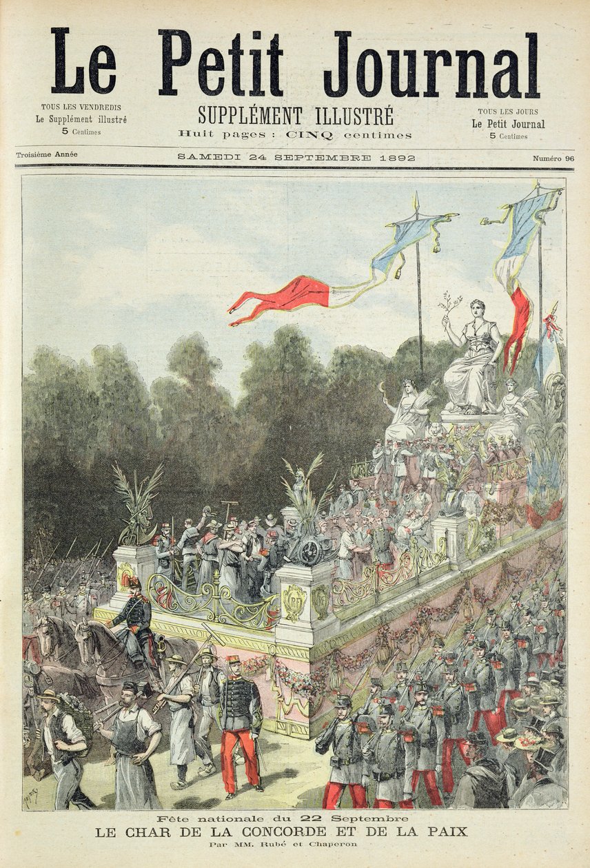 Titulní strana zobrazující státní svátek 22. září oslav stého výročí vyhlášení republiky, ilustrace z obrázkové přílohy Le Petit Journal, 24. 9. od Henri Meyer