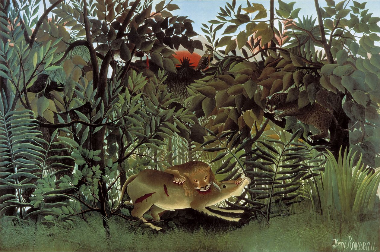 Hladový lev útočící na antilopu od Henri Rousseau