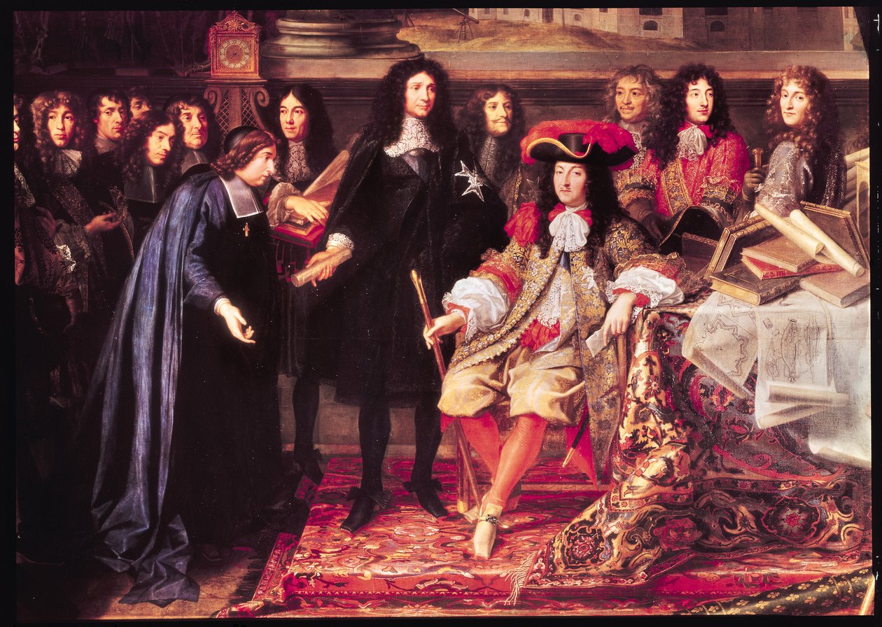 Jean-Baptiste Colbert (1619-83) Představení členů Královské akademie věd Ludvíku XIV. (1638-1715) detail centrální části, cca 1667 od Henri Testelin