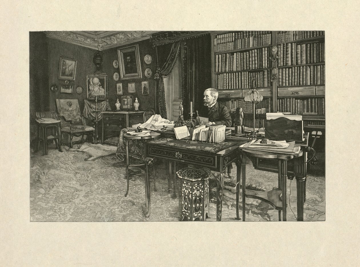 Gaston Tissandier, francouzský balonista, sedící u stolu ve své pracovně, 1880-1900 (dřevoryt) od Henri Thiriat